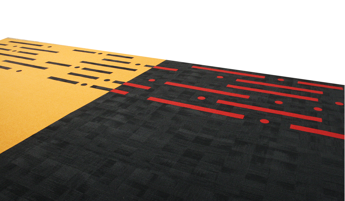 Custom design carpet area rug with red black and yellow showing circles and rectangle