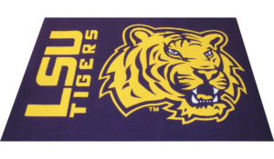 state university rug with name and mascot of a tiger in purple and gold